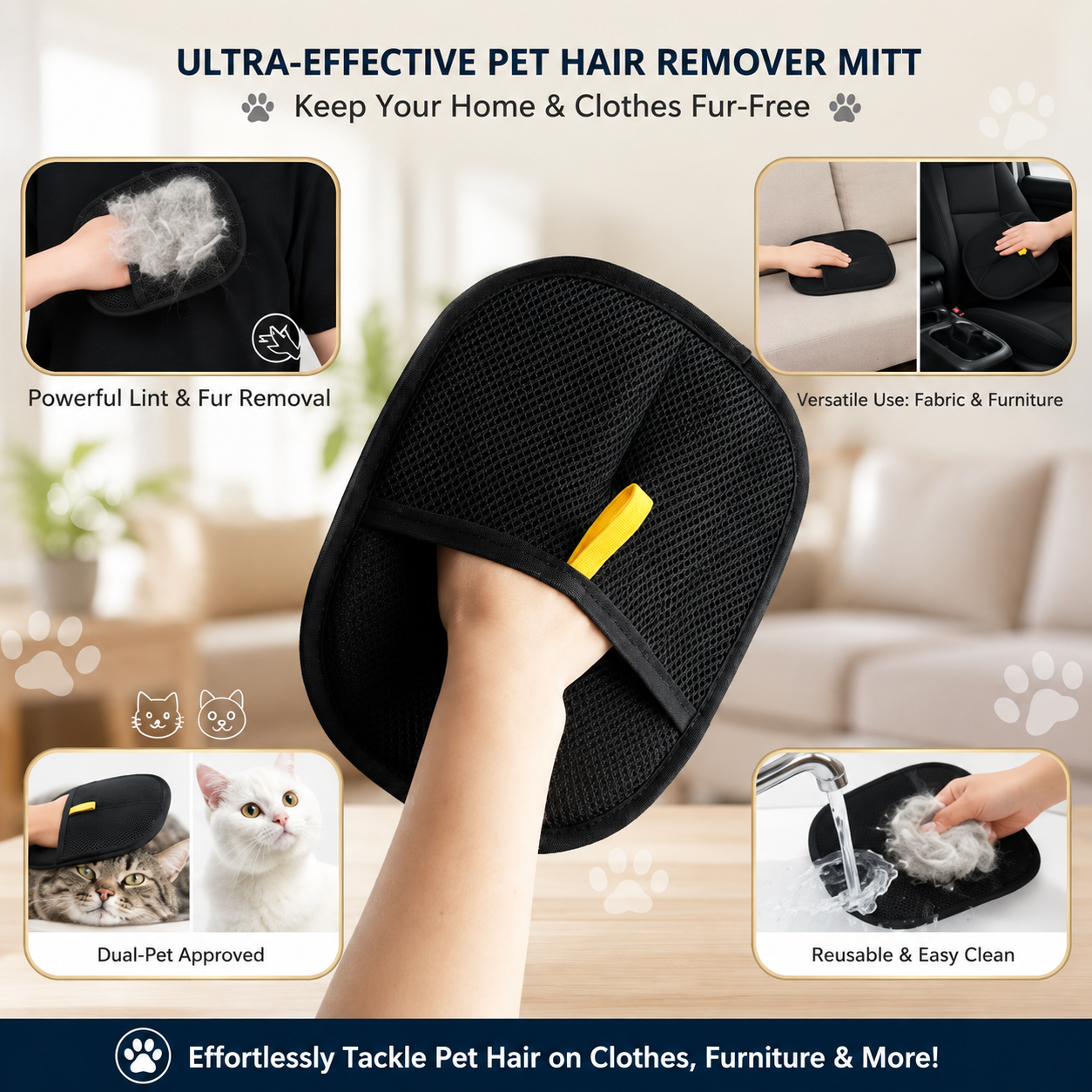 ROSEBELLER reusable Cat & Dog Hair Remover Gloves For Couch, Furniture , Carpet, Curtain Grooming Gloves.